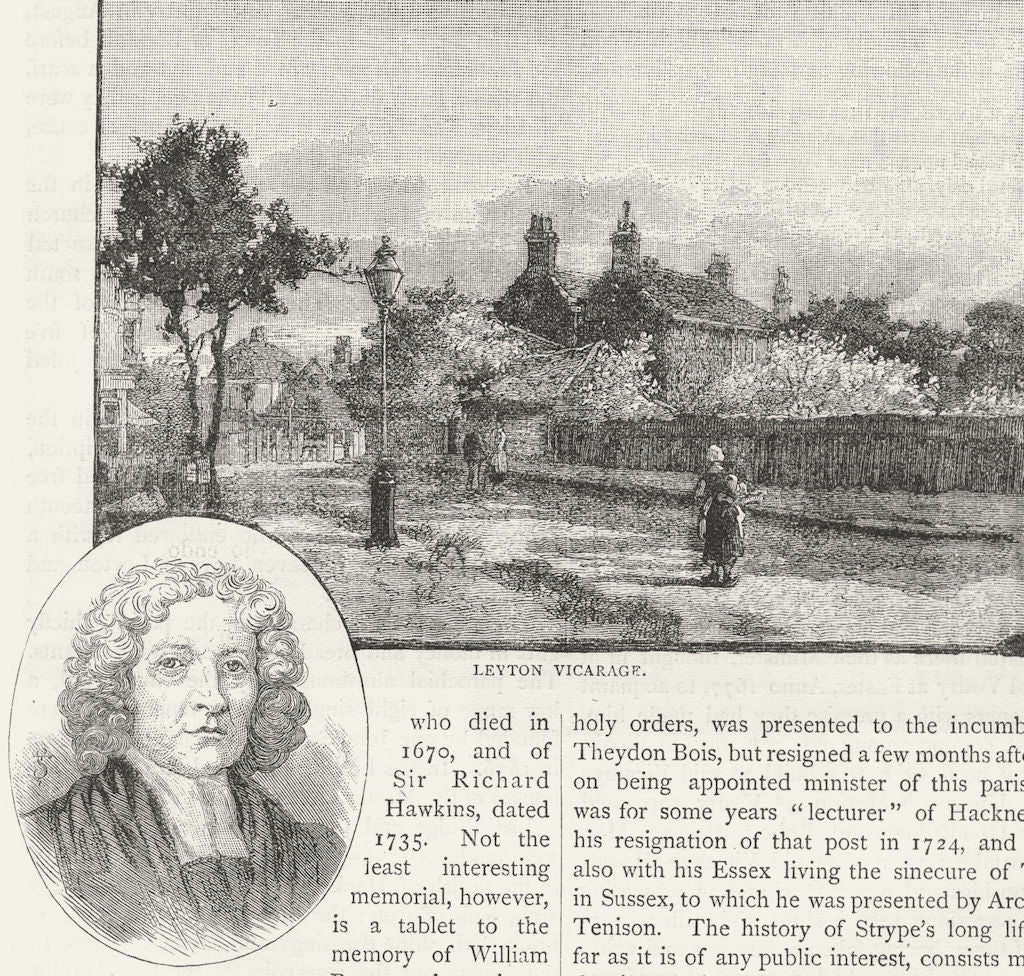 LEYTON. Leyton Vicarage; Portrait of Strype. London 1888 old antique print